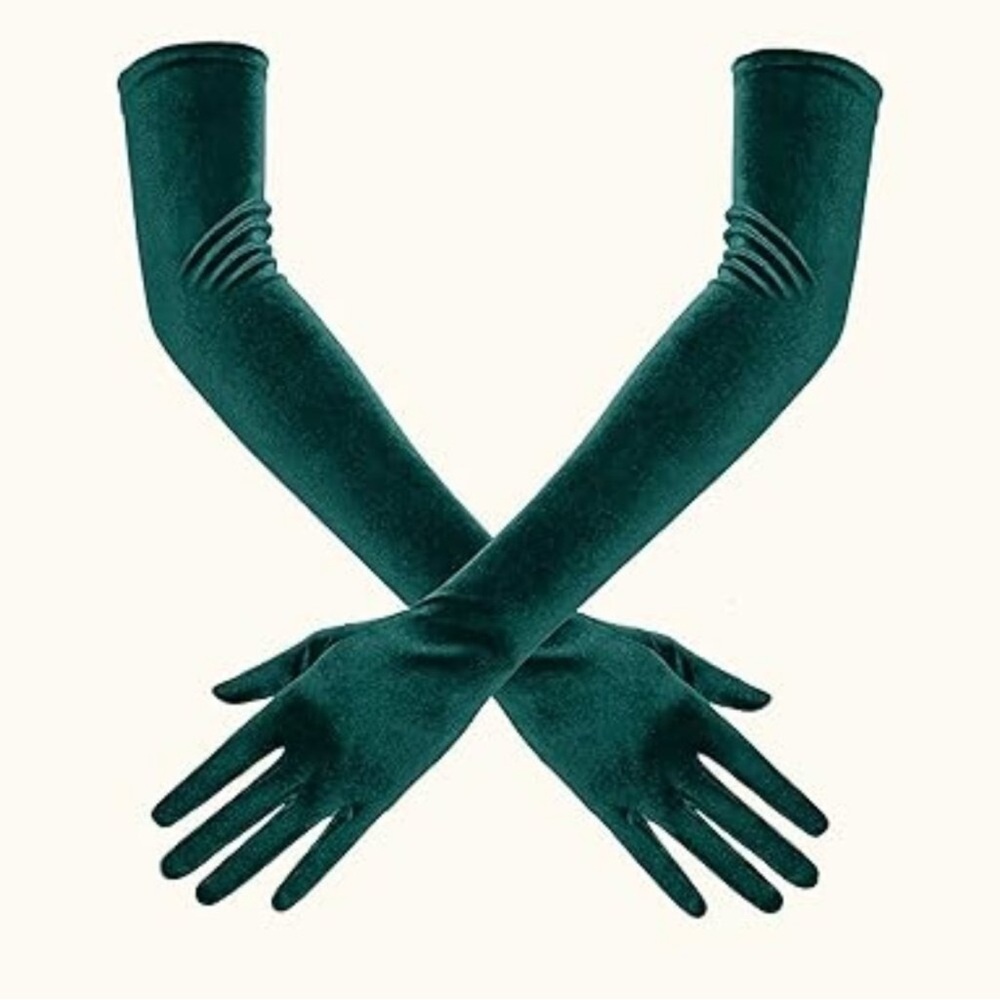 Velvet Tea Party Elbow Gloves Green New - Picture 2 of 7